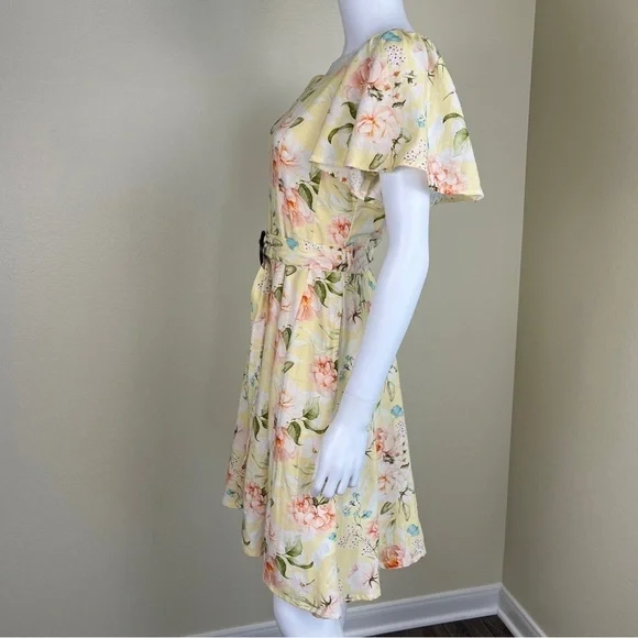 Code By Lifestyle Women’s Size 12 Yellow Floral Linen Cotton Fit & Flare Dress - Picture 7 of 16